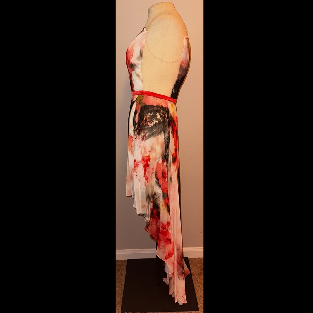 Bebe High Low Chiffon Pleated Maxi Dress Floral Illusion Sheer Dress 4 NWT - Picture 4 of 16